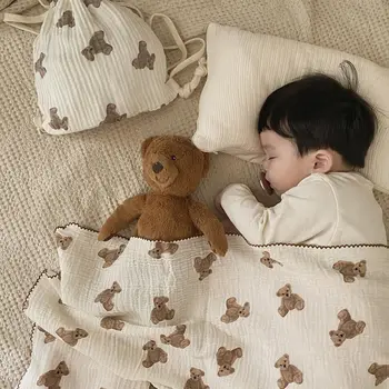 2 Слоя детских одеял, Хлопчатобумажная марлевая ткань с рисунком Медведя, Муслиновая пеленка для новорожденных, постельное белье для девочек и мальчиков, Аксессуар для одеяла для сна