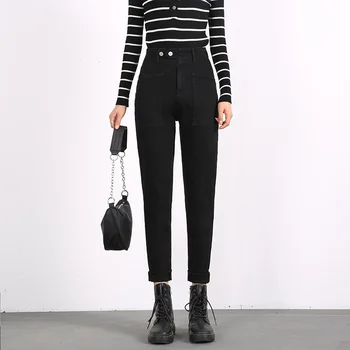 2023 Женские джинсы-стрейч с карманом на высокой талии, повседневные брюки для стройной леди, Уютные джинсовые брюки оверсайз, Винтажные выстиранные джинсовые шаровары