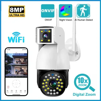 8-Мегапиксельная IP-камера 4K WIFI с двойным объективом, Наружное ночное видение, обнаружение человека искусственным интеллектом, автоматическое отслеживание видеонаблюдения, веб-камера безопасности