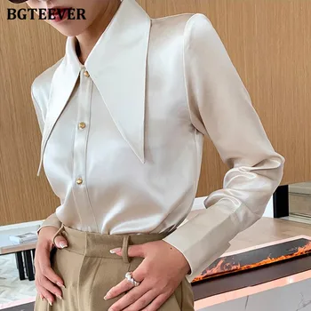 BGTEEVER Модные атласные блузки с отворотом для женщин, Элегантные однобортные свободные женские рубашки с длинными рукавами, осенние женские топы