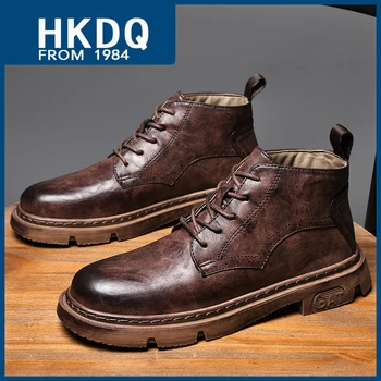 HKDQ/ Зимняя коричневая мужская кожаная обувь; Классические удобные мужские ботильоны; Модная повседневная дизайнерская обувь с высоким берцем на шнуровке; мужская