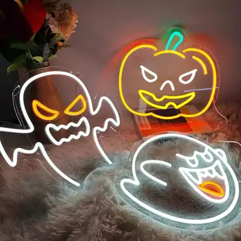 King Boo The Ghost Face Неоновая Вывеска LED Light для Декора Хэллоуина Шляпа Ведьмы Неоновые Огни Череп Декор Человек Пещера Вечерние Подарки На День Рождения