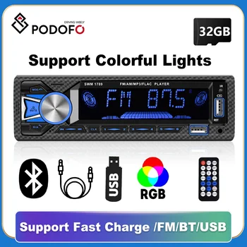 Podofo 1DIN Автомобильный радиоприемник, стереоплеер, цифровой Bluetooth, MP3-плеер, FM-аудио, 12 В, стереомузыка, USB/SD с встроенным входом AUX