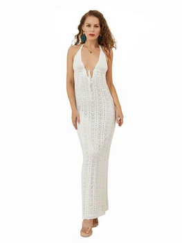 Y2K Макси-платья с глубоким V-образным вырезом и открытой спиной, облегающее длинное платье с принтом, облегающее пляжное вечернее платье