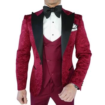 Бордовый жаккардовый элегантный мужской костюм для свадьбы, 3 шт., блейзер, жилет, брюки, приталенный крой, индивидуальные вечерние костюмы для ужина, полные мужские костюмы