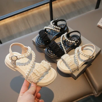 Босоножки для девочек для вечеринок, свадебных показов 2023 года, модная летняя детская обувь с жемчугом, детская повседневная обувь с открытым носком, бесплатная доставка в корейском стиле