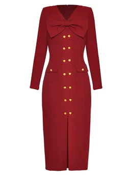 Вечерние платья Миди с V-образным вырезом и бантом 2023, красные осенние элегантные платья с длинным рукавом плюс размер для официальных мероприятий XXXL