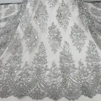 Высококачественная серебряная кружевная ткань с 3D вышивкой для новобрачных для свадебного платья бисером и пайетками 5 ярдов HY2429