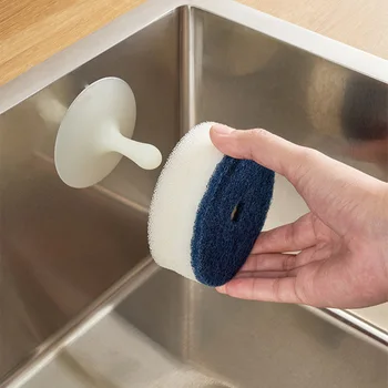 Губка для чистки кухонной посуды Двусторонняя Круглая губка с присоской Для хранения кухонных инструментов для мытья посуды