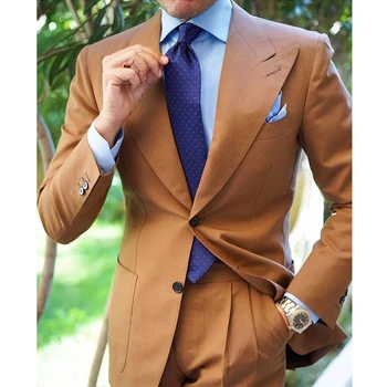 Деловые коричневые мужские костюмы Slim Fit, изготовленный на заказ свадебный смокинг из 2 предметов для жениха с брюками, новейший дизайн пальто, мужская модная куртка.