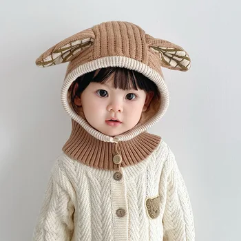 Детская шапка, шарф, встроенная защита шеи, вязаная шапка, осенне-зимняя теплая шерстяная защита ушей для мальчиков и девочек