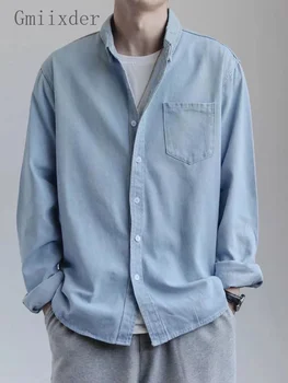 Джинсовая рубашка мужская демисезонная блузка с длинным рукавом и пуговицами, Корейские красивые мужчины в стиле хип-хоп, повседневная синяя куртка