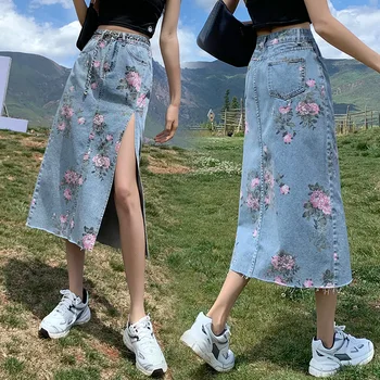 Джинсовая юбка с цветочным принтом, летняя юбка-трапеция с разрезом на талии, корейский стиль, универсальные повседневные джинсовые юбки, женские