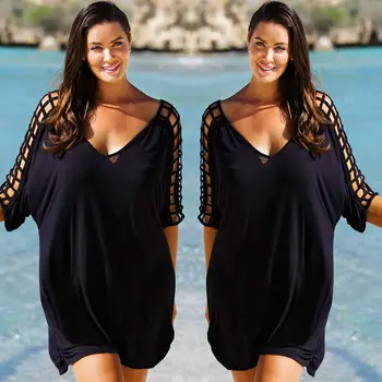 Женская пляжная одежда с V-образным вырезом, женская пляжная одежда, накидка, кафтан, женские летние черные пляжные платья