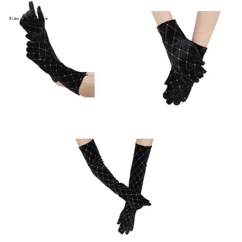 Женские перчатки со стразами Для выступлений на сцене, черные Эластичные длинные варежки XXFD
