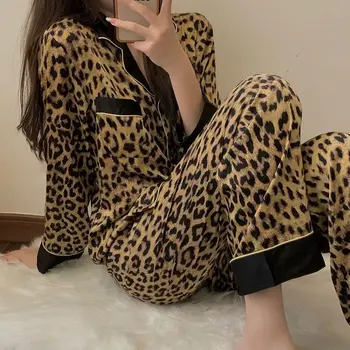 Женские пижамные комплекты, пижамы Kawaii для сна, весенняя домашняя одежда, сексуальные комплекты женской одежды больших размеров в леопардовом стиле