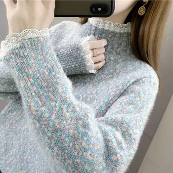 Женский свитер 2023, осенне-зимний Новый теплый вязаный пуловер с полувысоким воротником, модный свободный топ B539