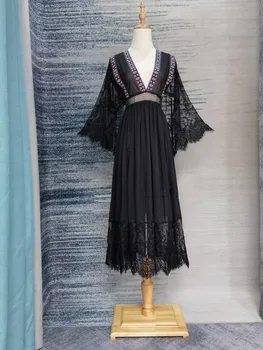 Женское платье 2023, новинка, V-образный вырез, расклешенный рукав, вышивка, кружевная выпуклость, Цвет черного платья, бесплатная доставка