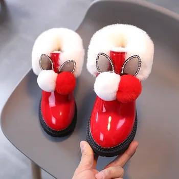 Зимние плюшевые милые детские кожаные ботинки для девочек, уличные детские зимние ботинки на меху, водонепроницаемая обувь для малышей, нескользящая