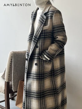 Корейская мода, двустороннее шерстяное пальто в стиле ретро с широкой талией, Женские осенне-зимние куртки Миди в Британском стиле с отворотом, свободные клетчатые куртки-миди