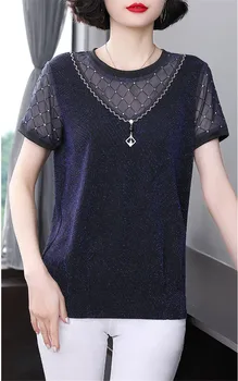 Летняя женская блузка из сетчатой пряжи с коротким рукавом и круглым вырезом, повседневные футболки, женский модный элегантный черный топ MM0411