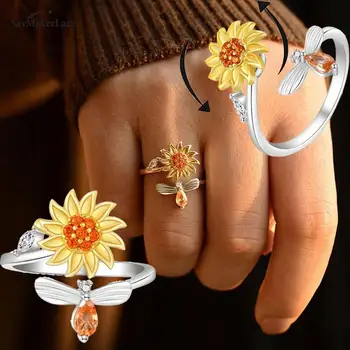 Модное Регулируемое Вращающееся Антистрессовое кольцо с Подсолнухом Для женщин, Вращающиеся кольца для снятия боли, Подарок ювелирных изделий
