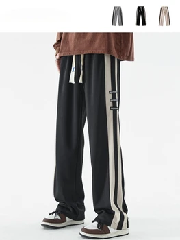 Мужские контрастные спортивные брюки в ретро-полоску в стиле хай-стрит, модный бренд, свободные широкие повседневные универсальные прямые спортивные брюки