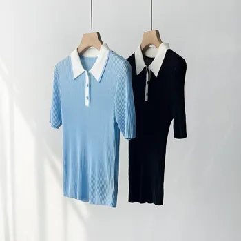 Новая женская одежда на весну и лето 2023 контрастного цвета, приталенная рубашка-поло с короткими рукавами 0510