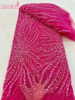 Новая модная Французская вышивка Тяжелая кружевная ткань ручной работы из бисера с блестками Африканская Нигерийская ткань для свадебного платья