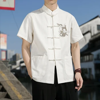 Новая мужская рубашка со стоячим воротником в китайском стиле, Sinicism Hanfu, вышитая пряжкой с циферблатом, Рубашка с короткими рукавами, Мужская льняная свободная рубашка