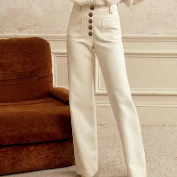 Однобортные узкие прямые брюки с высокой талией, слегка широковатые, повседневные модные женские брюки