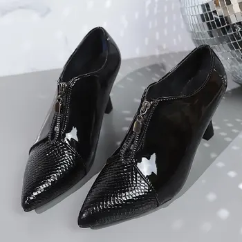 Пикантные женские туфли с заострением, Черные женские туфли в стиле панк, Модные ботинки на молнии, все в базовом стиле, 2023, Современные ботинки на тонком каблуке.