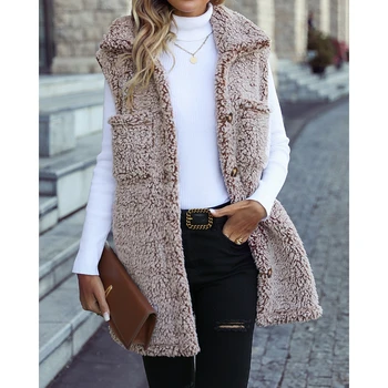 Повседневный дизайн карманов на осень-зиму, пушистое пальто с отложным воротником, жакеты без рукавов, Элегантные наряды