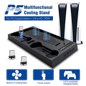 Подставка для Охлаждения PS5, 2 Вентилятора Кулера, 2 Зарядных устройства Для контроллера, Док-станция Для зарядки Type-C, Кабель Для Зарядки Консоли 5 PS5, Диск/Цифровой