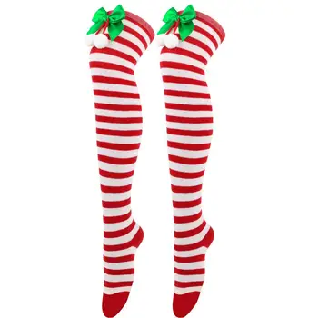 Праздничные Рождественские чулки, женские гольфы выше колена в рождественской тематике, праздничный полосатый принт, однотонный декор бантом на бедрах