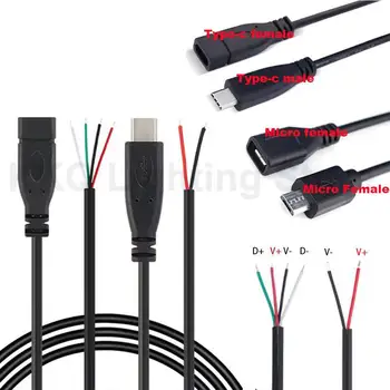 Разъем Micro USB 2.0 A для женщин и мужчин, Удлинительный кабель питания, 4 контакта, 2 контакта, 4 провода, линия передачи данных, зарядный шнур, провод Type-C.
