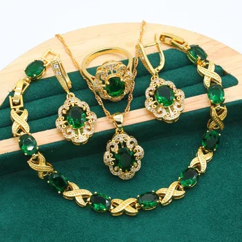 Свадебные комплекты ювелирных изделий золотого цвета для женщин, браслет с зеленым цирконием, серьги, ожерелье, подвеска, кольцо для невесты, подарочная коробка