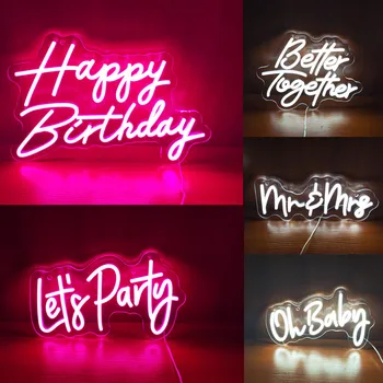 Светодиодная неоновая вывеска с Днем рождения, настенная вывеска со светодиодными буквами, декор бара, вечеринки, комнаты 