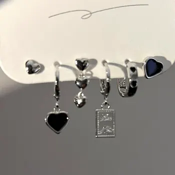 Серьги в виде черного сердца для женщин, набор из 6 предметов, серьги с серебряными иглами 925 пробы, серьги-подвески, Оптовый набор ювелирных украшений с подвесками