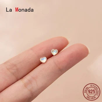 Серьги-гвоздики La Monada в виде сердца из стерлингового серебра 925 пробы, серебряные серьги с маленькими орехами 925 пробы, женские серьги с серебряным камнем, Лунный камень для студенток