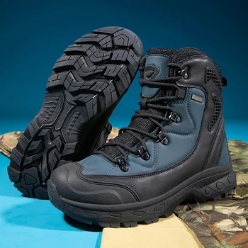 Синие профессиональные мужские армейские ботинки для скалолазания, кожаные мужские походные ботинки на шнуровке, резиновые нескользящие военные ботинки для мужчин размера плюс 47