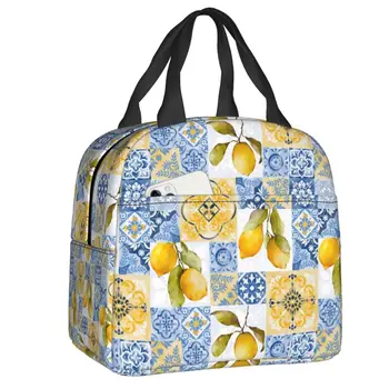 Средиземноморская плитка, Фрукты, Лимоны, сумка для ланча, Многоразовый холодильник, термоизолированный ланч-бокс для женщин, детские Рабочие сумки для еды