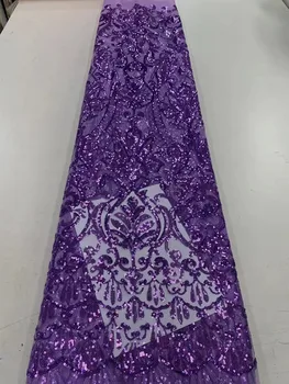 Фиолетовый 2023 Африканское сетчатое кружево Ткань с блестками Роскошная Ручная вышивка бисером Тюль Кружевные ткани для Нигерии Материал свадебного платья