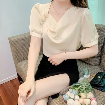 Элегантная модная женская блузка из цельного материала, летняя женская одежда, Корейская универсальная рубашка с квадратным воротником и коротким рукавом