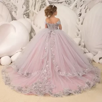 Элегантное пышное платье с открытыми плечами для девочек в цветочек на свадьбу, с оборками и аппликацией, праздничное платье для малышей, детский бал на день рождения